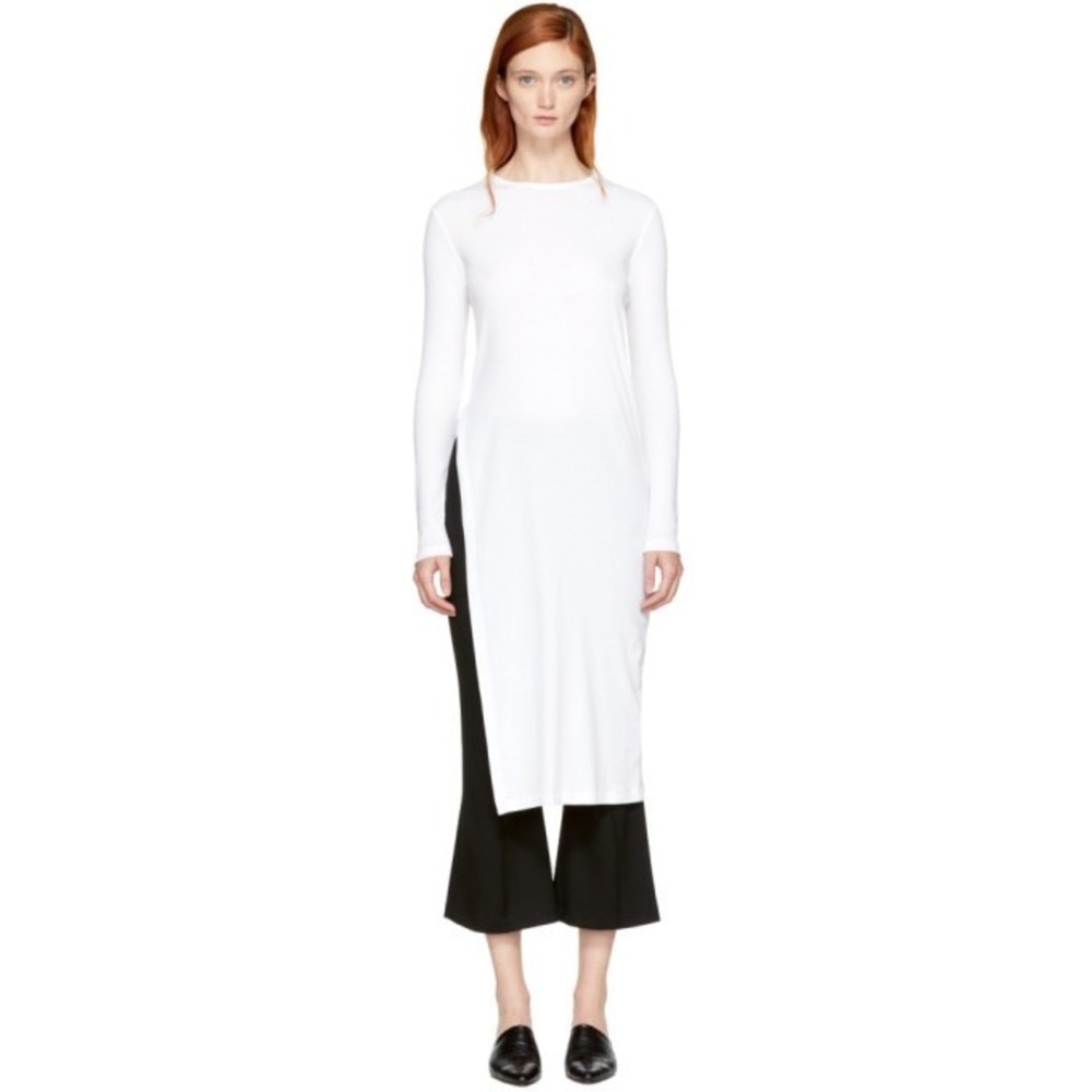 Rosetta Getty Long Sleeve Midi Dress Women L White Cotton Jersey Side Slit USA